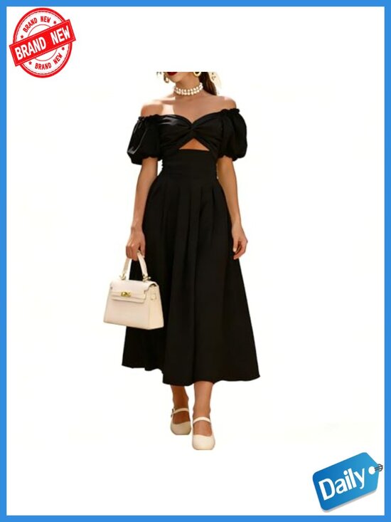 Dresses & Skirts - Women's Puff Sleeve Midi Dress Cut Out A-Line Flowy With Pockets